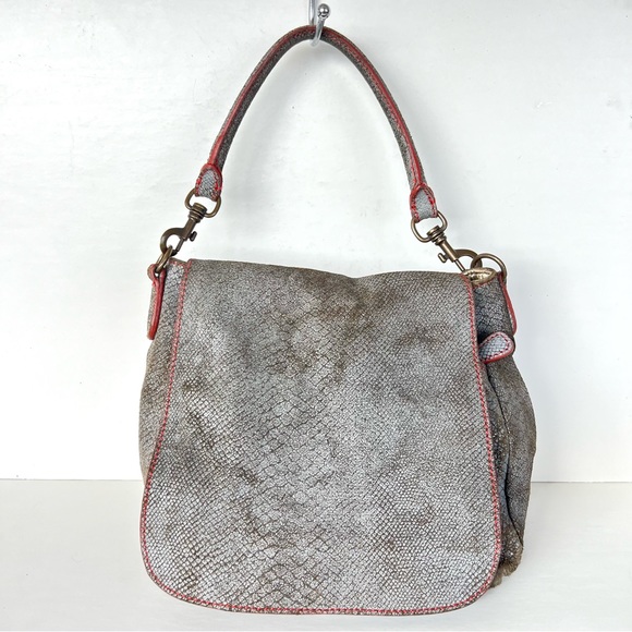 LIEBESKIND Berlin Gray Snake Print Leather Red Stitching Flap Shoulder Bag Tote - Picture 2 of 16